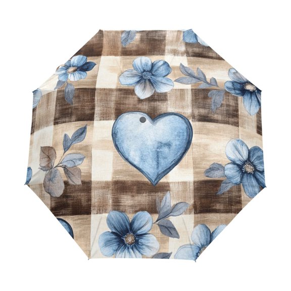 YAZAOO One-Touch Auto Open Close Rain Umbrella With Creative Blue Floral Hearts on Check Pattern