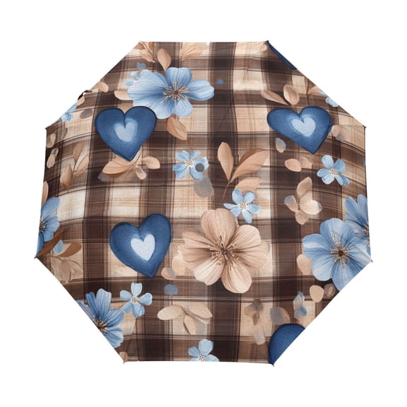 YAZAOO One-Touch Auto Open Close Rain Umbrella With Creative Blue Heart Floral Harmony Pattern