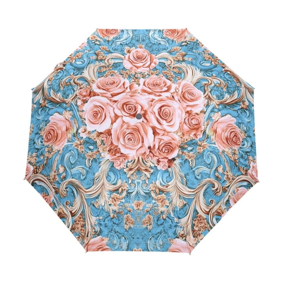 YAZAOO One-Touch Auto Open Close Rain Umbrella With Creative Blush Roses on Aqua Pattern