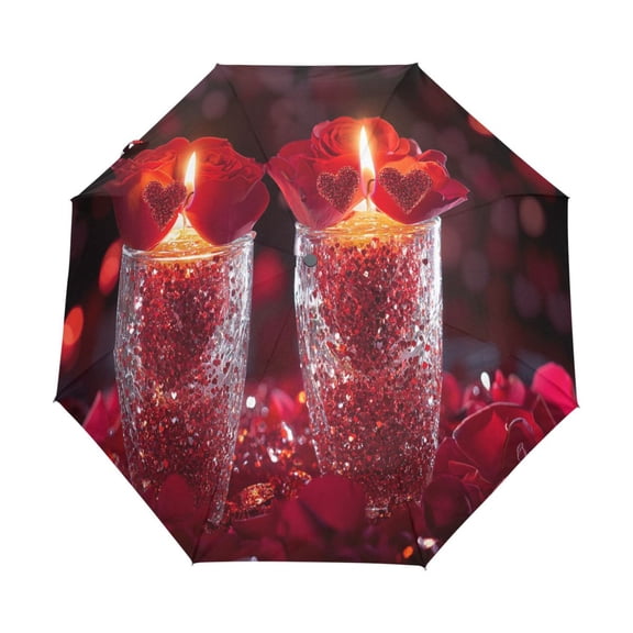 YAZAOO One-Touch Auto Open Close Rain Umbrella With Creative Candles and Roses with Hearts Pattern