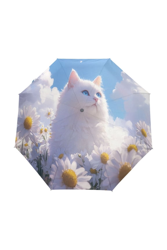 One-Touch Auto Open Close Rain Umbrella With Creative Cat Among Daisies and Clouds Pattern