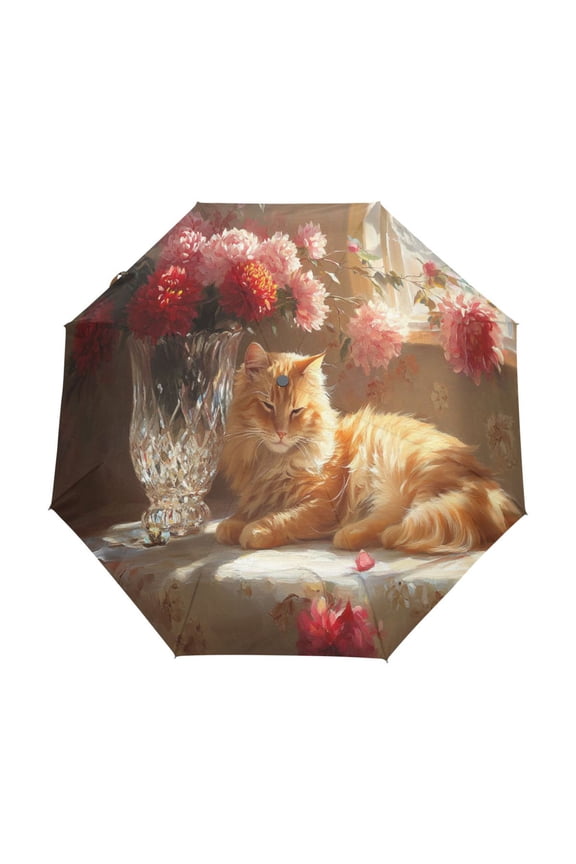 One-Touch Auto Open Close Rain Umbrella With Creative Cat Resting Near Flowers Pattern