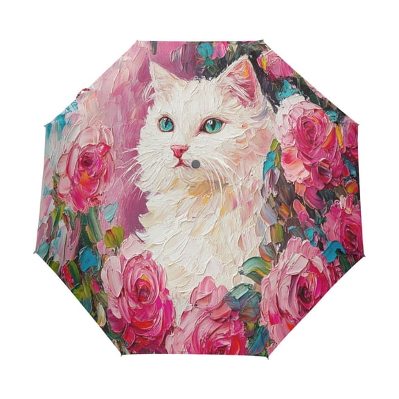 YAZAOO One-Touch Auto Open Close Rain Umbrella With Creative Cat Surrounded by Rose Pattern