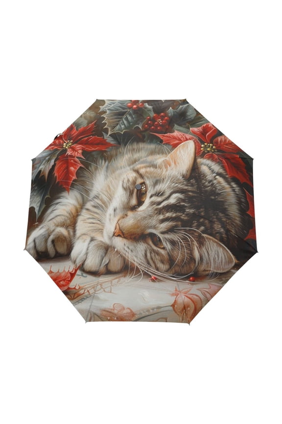 One-Touch Auto Open Close Rain Umbrella With Creative Cat with Poinsettias Pattern