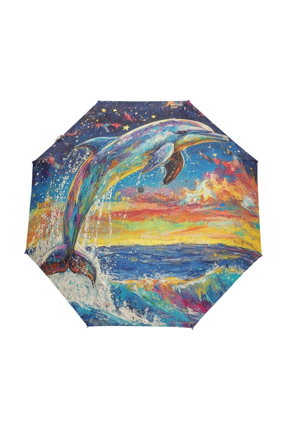 One-Touch Auto Open Close Rain Umbrella With Creative Celestial Dolphin Dance Pattern