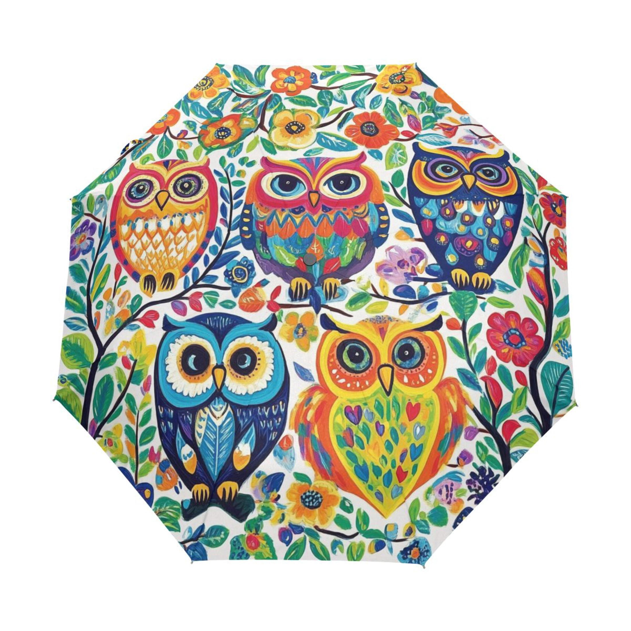 YAZAOO One-Touch Auto Open Close Rain Umbrella With Creative Charming Owls Amongst Nature Pattern