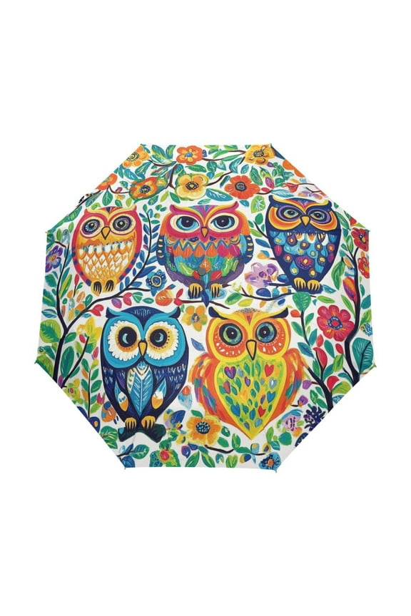 One-Touch Auto Open Close Rain Umbrella With Creative Charming Owls Amongst Nature Pattern