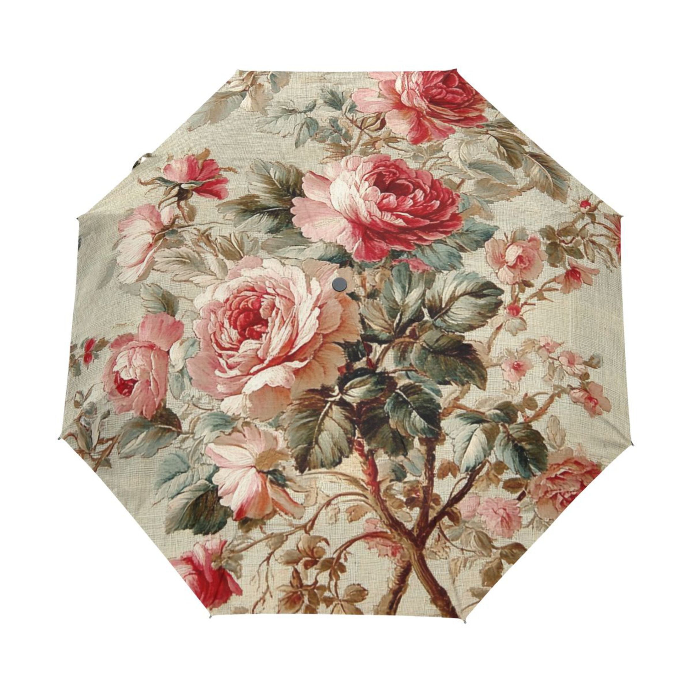YAZAOO One-Touch Auto Open Close Rain Umbrella With Creative Classic Rose Garden Fabric Pattern