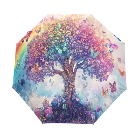 YAZAOO One-Touch Auto Open Close Rain Umbrella With Creative Colorful Tree with Butterflies Pattern