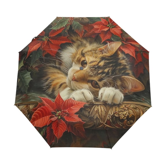YAZAOO One-Touch Auto Open Close Rain Umbrella With Creative Cozy Cat Among Poinsettias Pattern