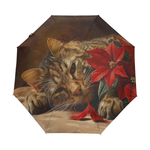 YAZAOO One-Touch Auto Open Close Rain Umbrella With Creative Cozy Cat with Florals Pattern
