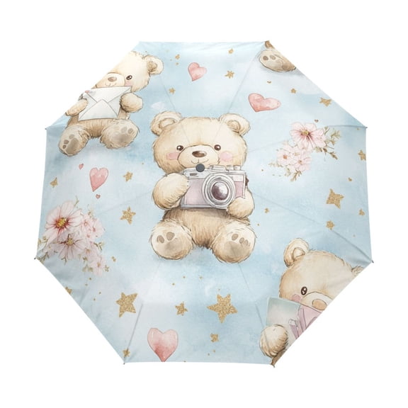 YAZAOO One-Touch Auto Open Close Rain Umbrella With Creative Cuddly Bears and Memories Pattern