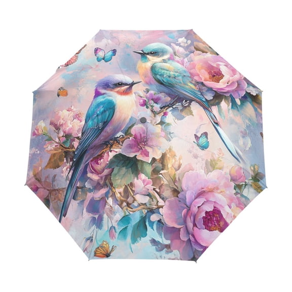 YAZAOO One-Touch Auto Open Close Rain Umbrella With Creative Cute Birds and Flowers Artwork Pattern