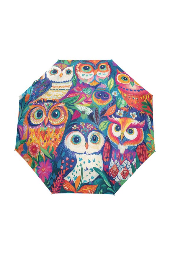 One-Touch Auto Open Close Rain Umbrella With Creative Fantasy Owls Amidst Petals Pattern