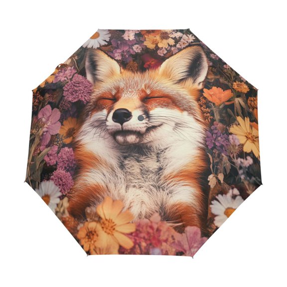 YAZAOO One-Touch Auto Open Close Rain Umbrella With Creative Fox Plays in Flowers Pattern