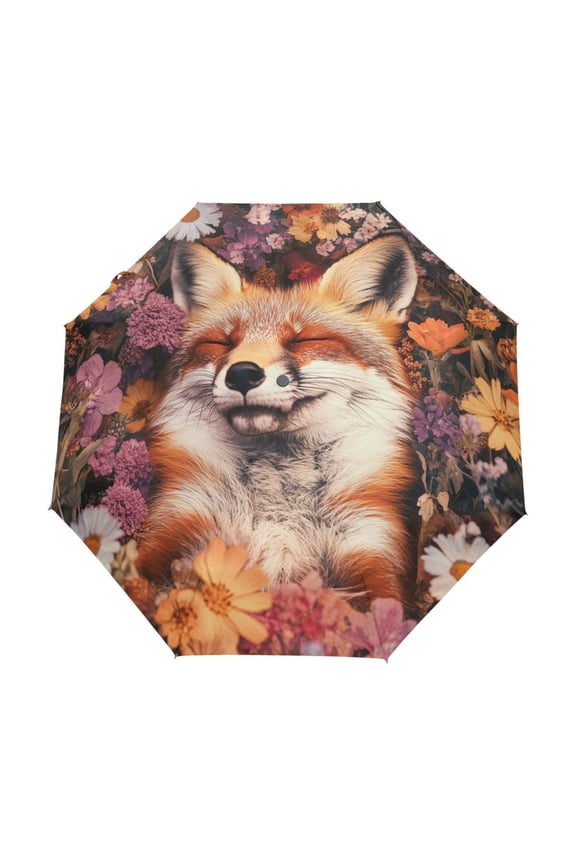 One-Touch Auto Open Close Rain Umbrella With Creative Fox Plays in Flowers Pattern