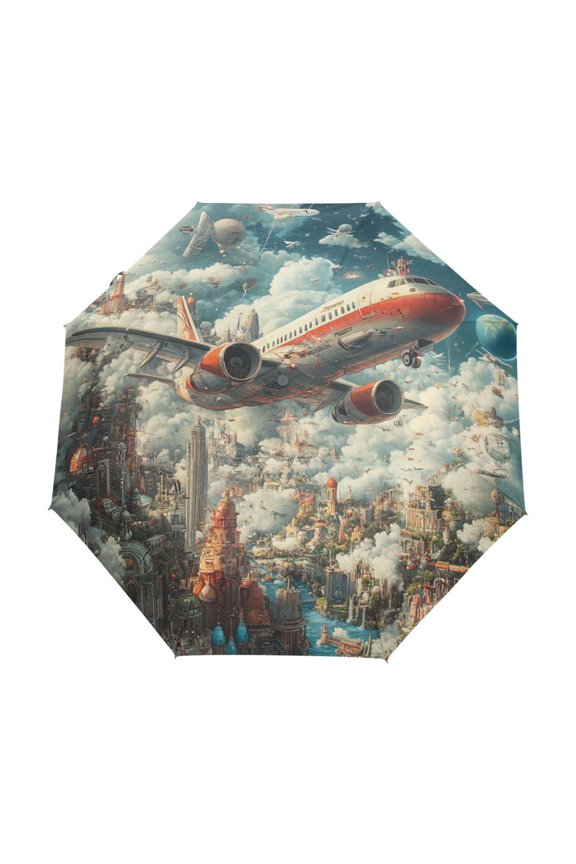 One-Touch Auto Open Close Rain Umbrella With Creative Futuristic Cityscape with Airplane Pattern