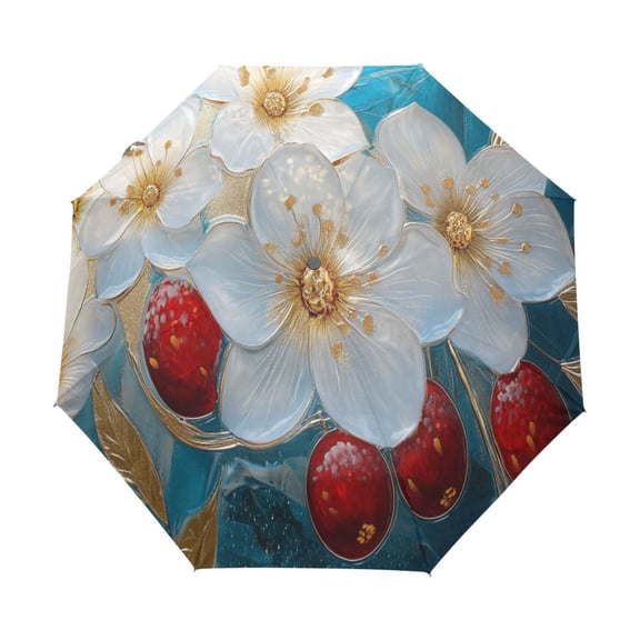 YAZAOO One-Touch Auto Open Close Rain Umbrella With Creative Glass Flowers with Gold Accents Pattern