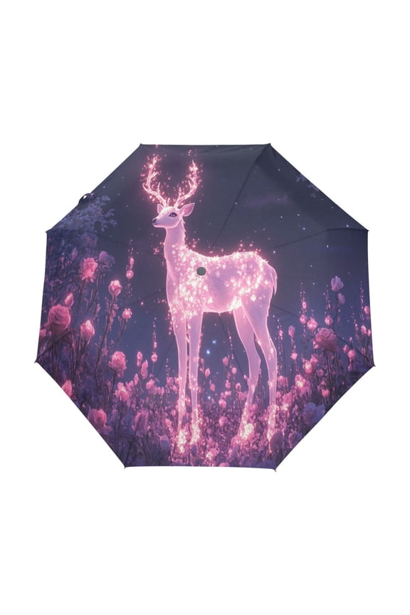 One-Touch Auto Open Close Rain Umbrella With Creative Glowing Deer in Magical Forest Pattern