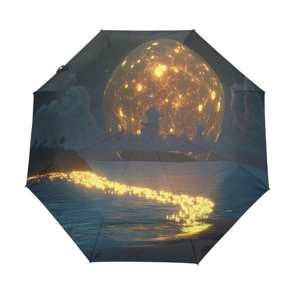 YAZAOO One-Touch Auto Open Close Rain Umbrella With Creative Glowing Moon over Ocean Pattern