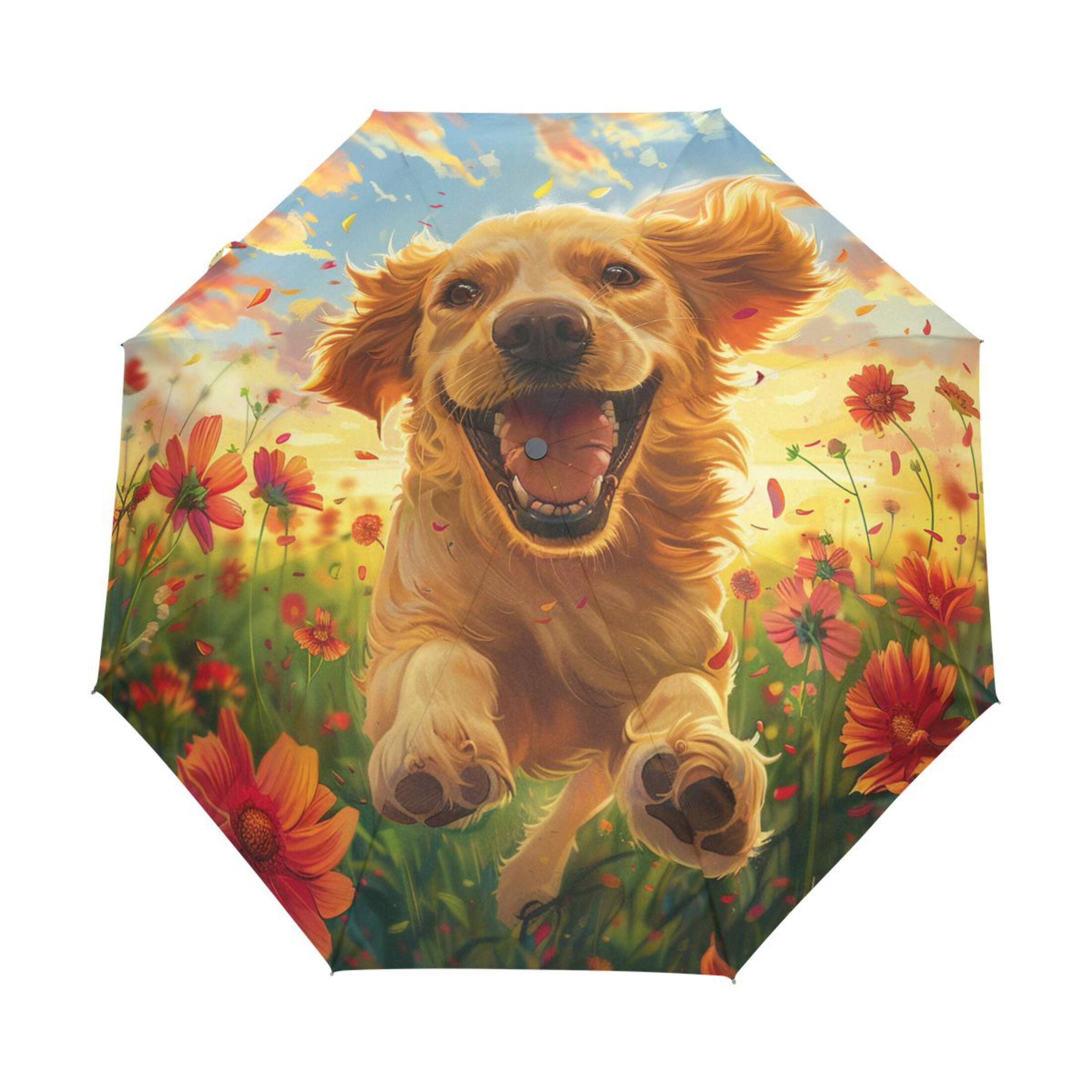 YAZAOO One-Touch Auto Open Close Rain Umbrella With Creative Golden Sunshine Running Free Pattern