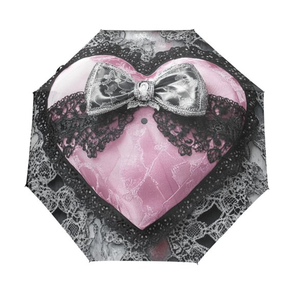 YAZAOO One-Touch Auto Open Close Rain Umbrella With Creative Heart with Lace and Bow Pattern
