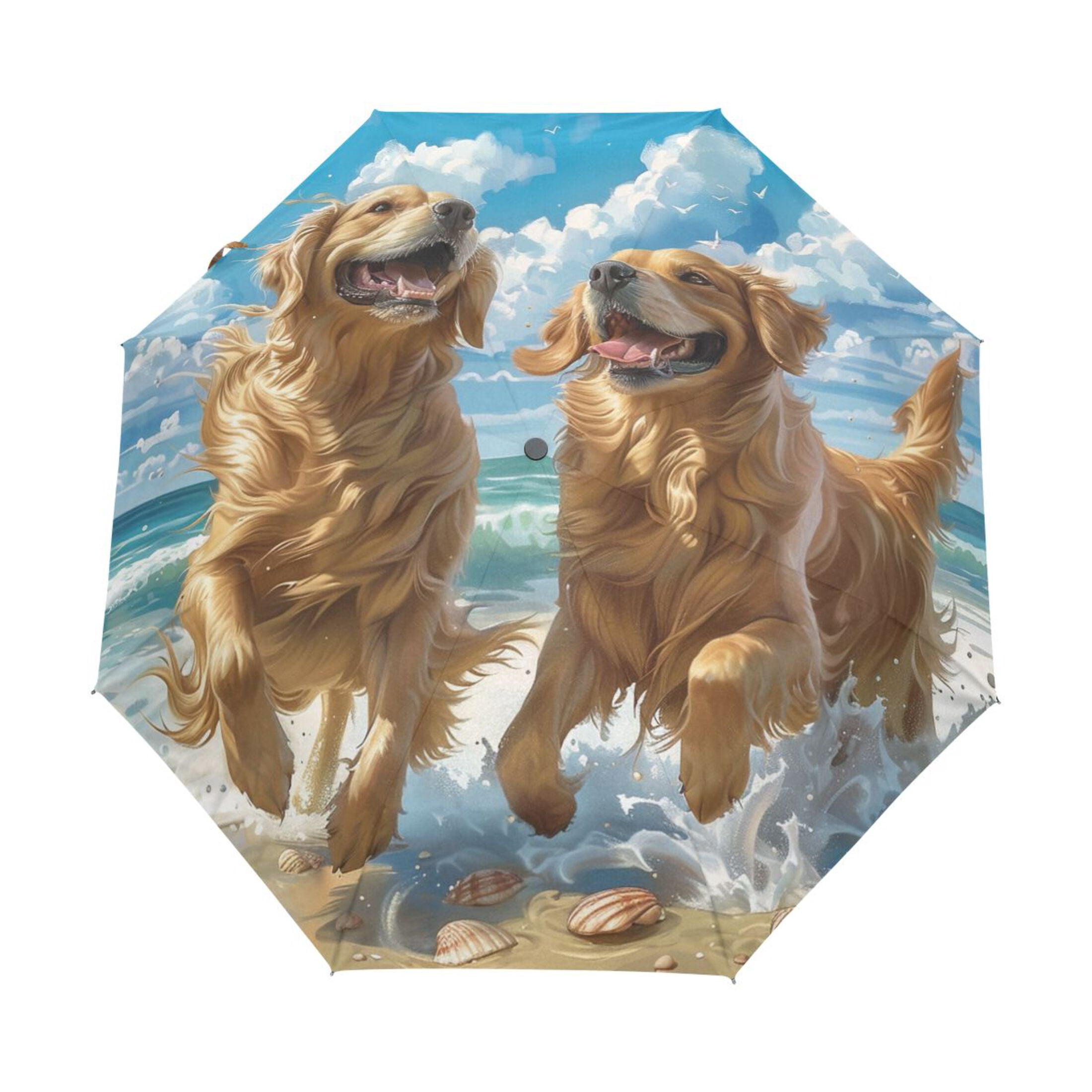 YAZAOO One-Touch Auto Open Close Rain Umbrella With Creative Joyful Goldens by The Waves Pattern