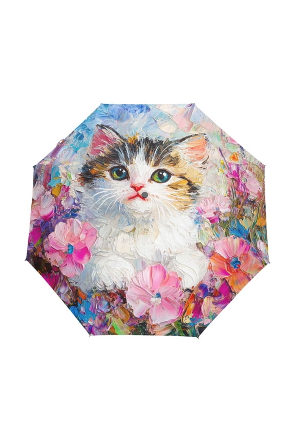 One-Touch Auto Open Close Rain Umbrella With Creative Kitten Garden Portrait Pattern