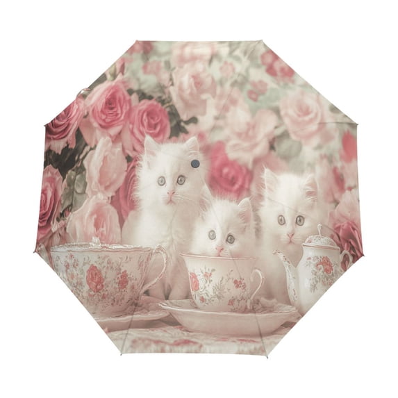 YAZAOO One-Touch Auto Open Close Rain Umbrella With Creative Kittens Tea Roses Pattern