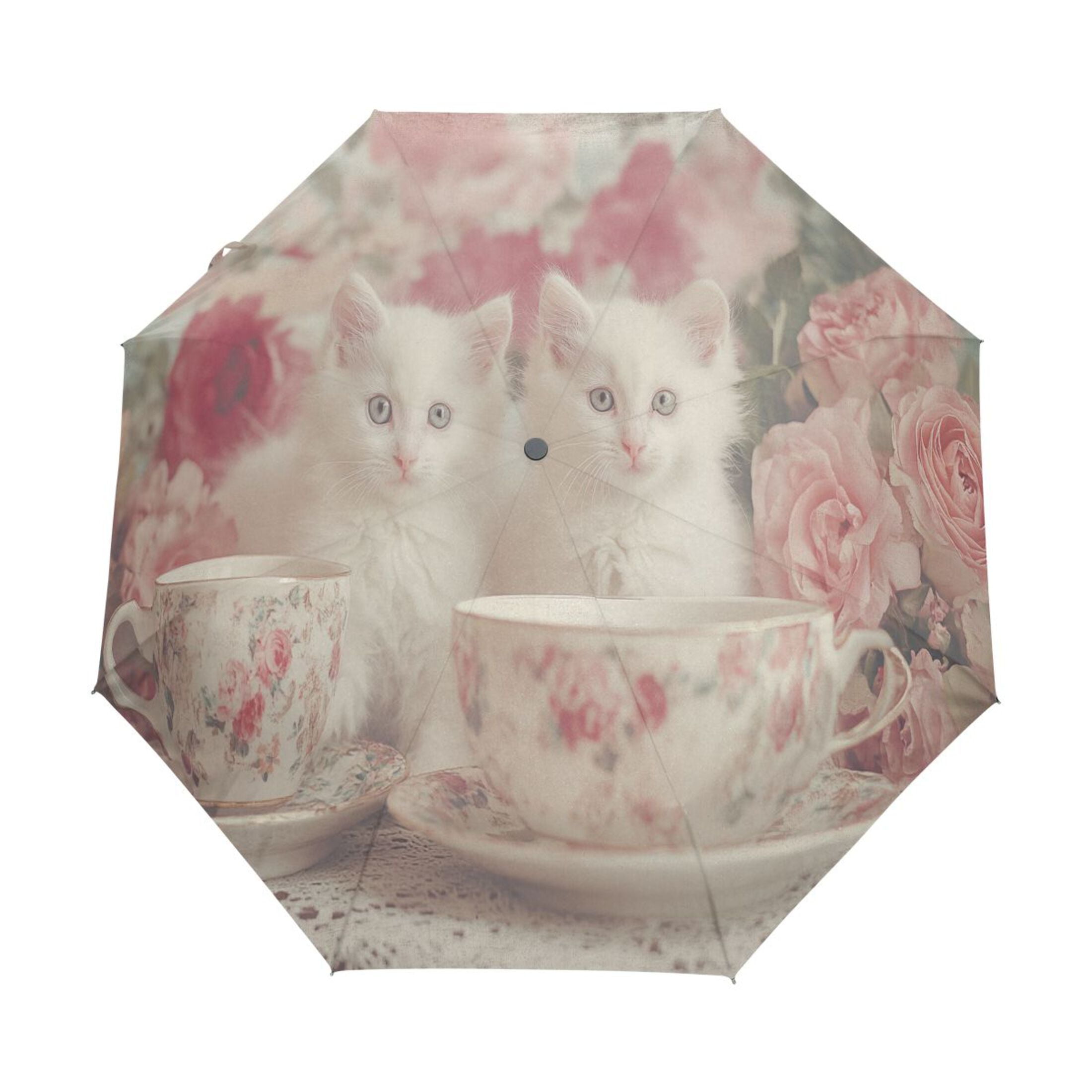 YAZAOO One-Touch Auto Open Close Rain Umbrella With Creative Kittens Teacups Roses Pattern