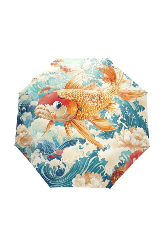 One-Touch Auto Open Close Rain Umbrella With Creative Koi in Bloom Pattern