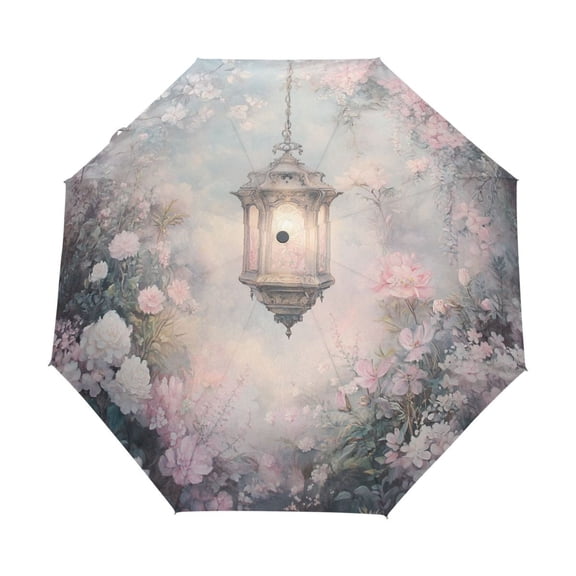 YAZAOO One-Touch Auto Open Close Rain Umbrella With Creative Lantern in Floral Garden Pattern