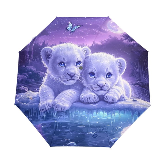 YAZAOO One-Touch Auto Open Close Rain Umbrella With Creative Lion Cubs under The Moon Pattern