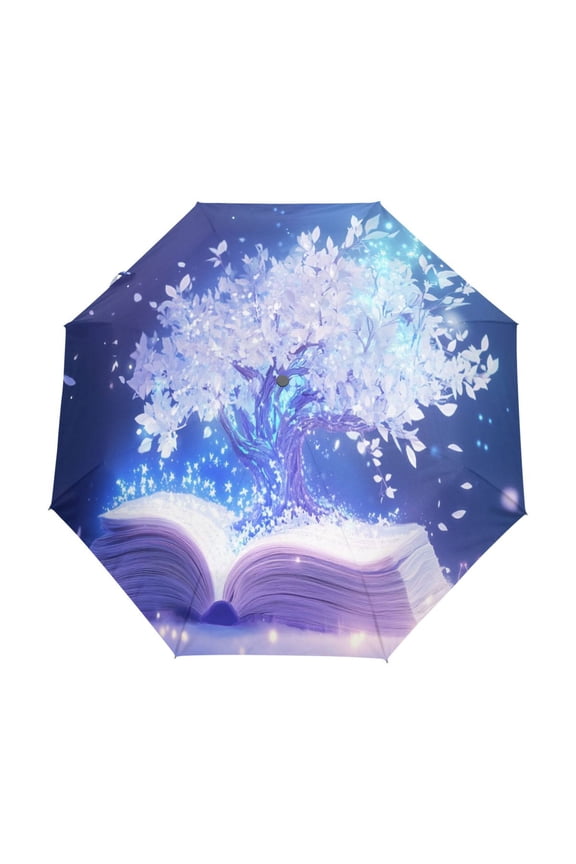 One-Touch Auto Open Close Rain Umbrella With Creative Magical Book White Tree Pattern