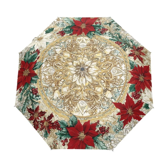 YAZAOO One-Touch Auto Open Close Rain Umbrella With Creative Mandala Of Poinsettias Pattern