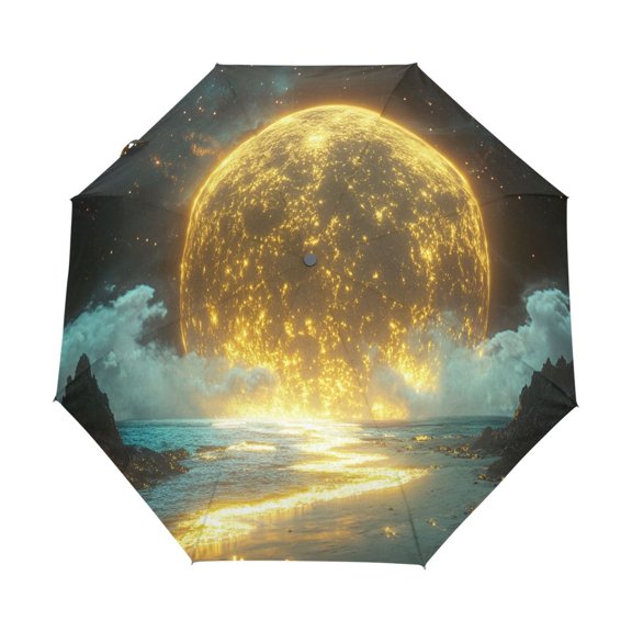 YAZAOO One-Touch Auto Open Close Rain Umbrella With Creative Moonlit Ocean Reflection Pattern