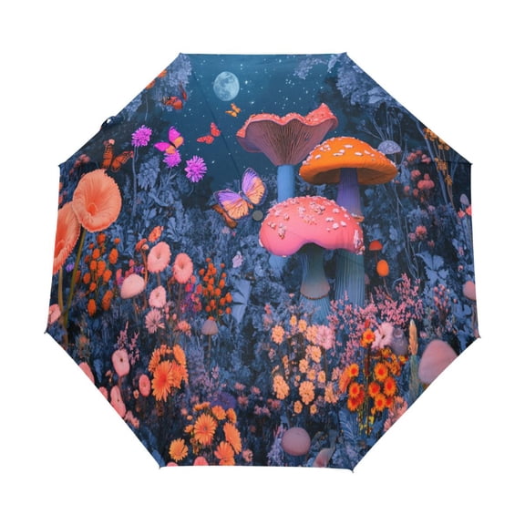 YAZAOO One-Touch Auto Open Close Rain Umbrella With Creative Mushroom Butterfly Garden Pattern