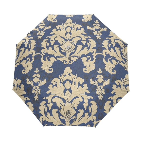 YAZAOO One-Touch Auto Open Close Rain Umbrella With Creative Navy and Cream Damask Elegance Pattern