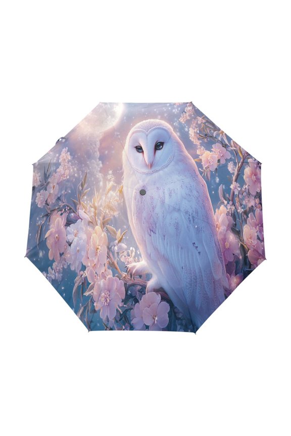 One-Touch Auto Open Close Rain Umbrella With Creative Owl in Moonlit Cherry Blossoms Pattern