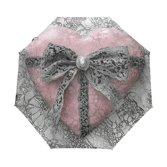 YAZAOO One-Touch Auto Open Close Rain Umbrella With Creative Pink Heart Lace Ribbon Pattern