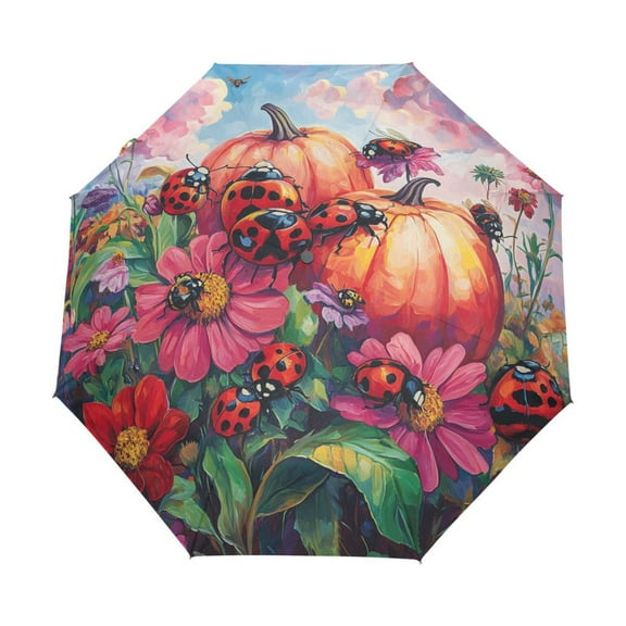 YAZAOO One-Touch Auto Open Close Rain Umbrella With Creative Pumpkin Patch Ladybug Parade Pattern