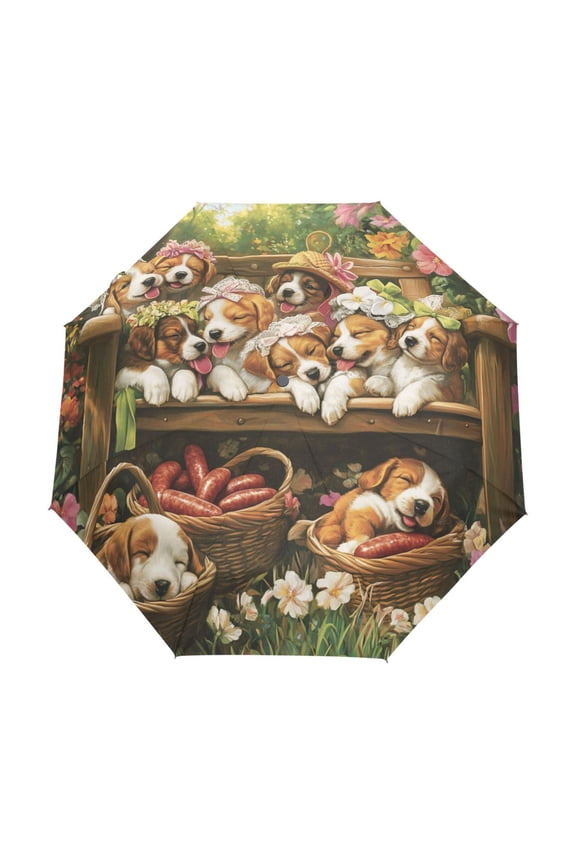 One-Touch Auto Open Close Rain Umbrella With Creative Puppy Playdate in Bloom Pattern