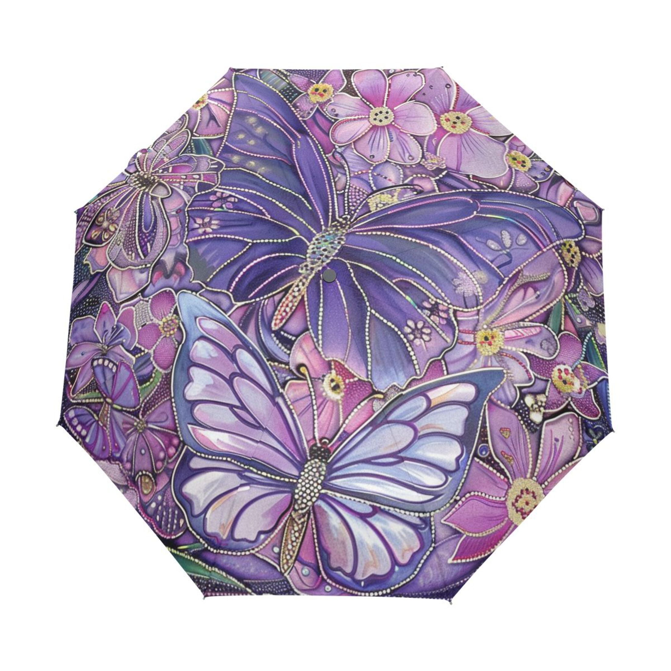 YAZAOO One-Touch Auto Open Close Rain Umbrella With Creative Purple Butterfly Garden Pattern