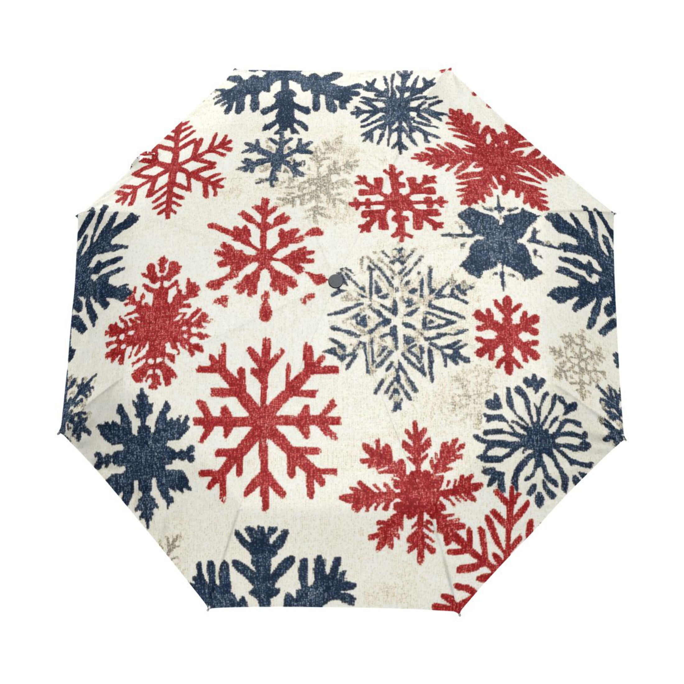 YAZAOO One-Touch Auto Open Close Rain Umbrella With Creative Red White and Blue Snowflakes Pattern