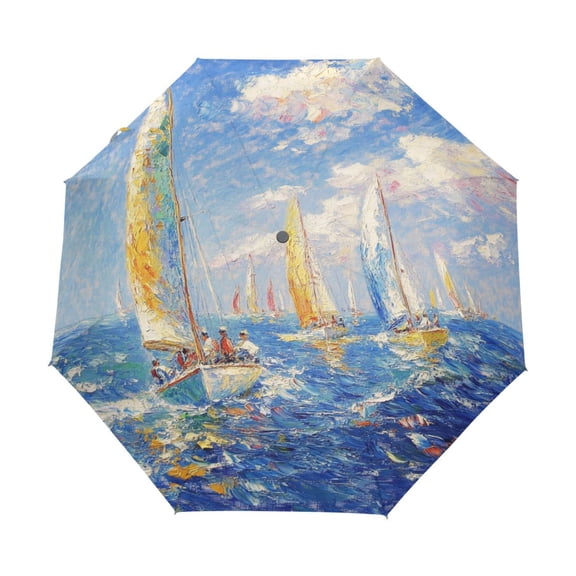 YAZAOO One-Touch Auto Open Close Rain Umbrella With Creative Sailing Into The Horizon Pattern