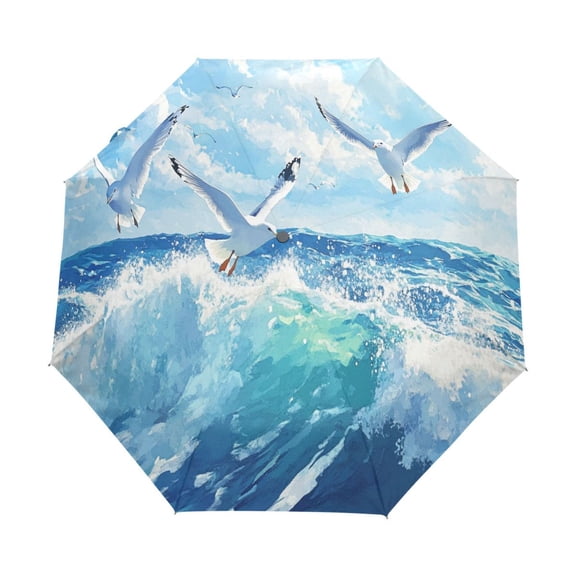 YAZAOO One-Touch Auto Open Close Rain Umbrella With Creative Seagull over Ocean Pattern