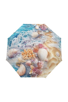 One-Touch Auto Open Close Rain Umbrella With Creative Seashells Beach Art Pattern