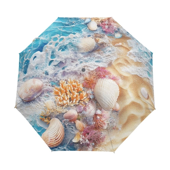 YAZAOO One-Touch Auto Open Close Rain Umbrella With Creative Seashells Beach Art Pattern
