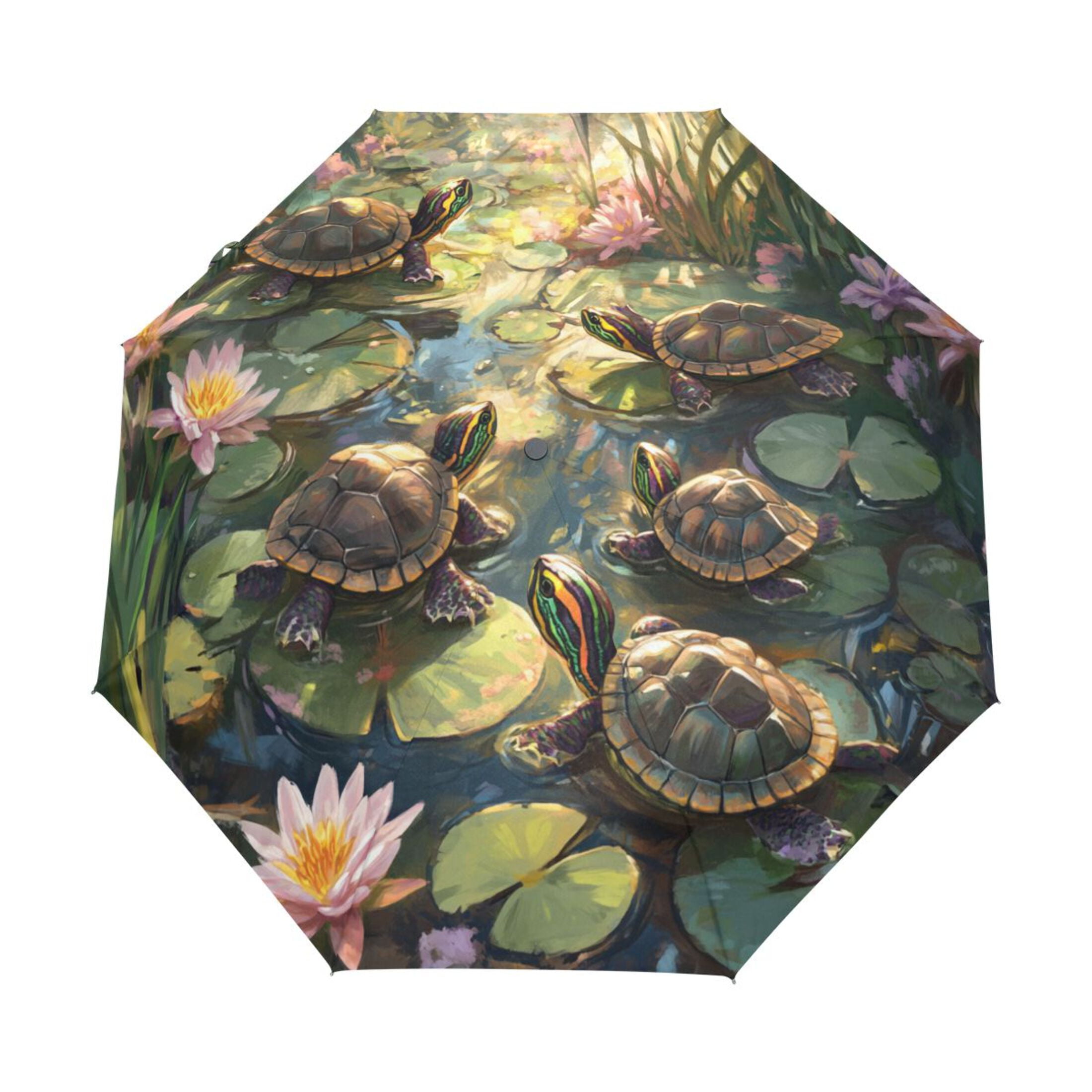 YAZAOO One-Touch Auto Open Close Rain Umbrella With Creative Serene Turtle Oasis Pattern