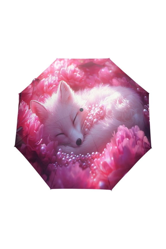 One-Touch Auto Open Close Rain Umbrella With Creative Sleeping Fox Pink Flowers Pearls Pattern